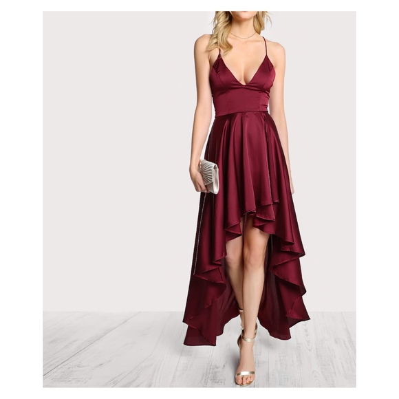 MBM Unlimited Dresses & Skirts - Burgundy Lace Up Back High Low Satin Maxi Dress